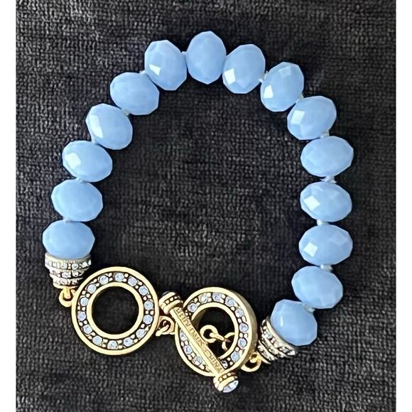 Heidi Daus Faceted Glass Beads Crystal Rhinestone Toggle Bracelet Blue Signed - Picture 10 of 12